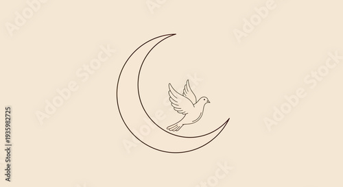 Minimalist line art of a dove flying next to a crescent moon on a beige background.