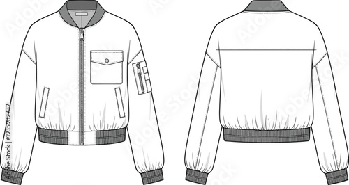 Oversized bomber jacket technical flat sketch, flight jacket with utility sleeve pocket, cad drawing flat vector illustration for fashion design,