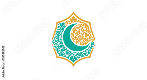 Islamic Crescent Moon Emblem with Ornate Floral Pattern