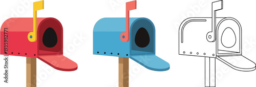 Three versions of a residential mailbox, including colored and outline styles, are displayed side by side for graphic design use.