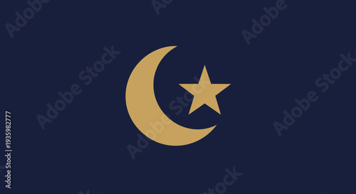 Golden Crescent Moon and Star on Dark Blue Background, Islamic Symbol