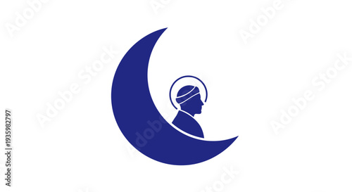 Blue crescent moon icon with silhouette of a figure wearing a turban and halo