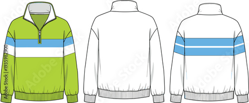 Color block half zip sweatshirt technical flat sketch, lime green activewear pullover template, cad drawing flat vector illustration for fashion,