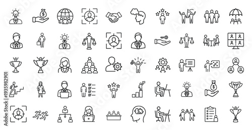 Business and human resources line icon set featuring teamwork leadership career recruitment success and office work for management and more vector illustration or editable stroke