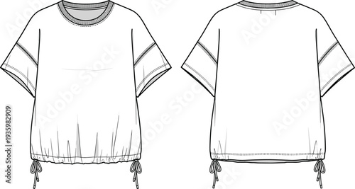 Short sleeve crew neck t-shirt technical flat sketch, drawstring cinch hem template, front and back view, cad drawing flat vector illustration,