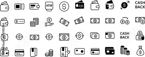 Banking and digital payment icons set with wallet, credit card, cash, coins, ATM and cashback finance flat vector illustration