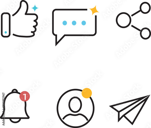 Minimal social media and app UI icon set with transparent background. Includes thumbs-up, comment bubble, share, notification bell, profile avatar, and paper airplane. Modern clean line style with sub
