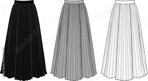 Pleated maxi skirt technical flat sketch, long high waisted A-line skirt template, cad drawing flat vector illustration for fashion,