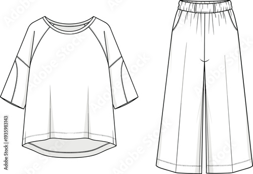 Women loungewear set technical flat sketch, oversized raglan sleeve top and wide leg trousers, cad drawing flat vector illustration,