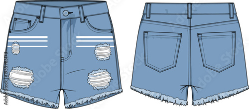 High waisted distressed denim shorts technical flat sketch, frayed hem ripped jean shorts, cad drawing flat vector illustration for fashion,