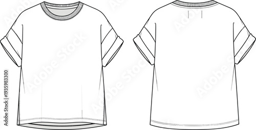 Oversized crew neck t-shirt technical flat sketch, drop shoulder short sleeve tee template, cad drawing flat vector illustration for fashion,