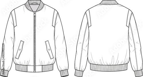 Unisex bomber jacket technical flat sketch, front and back view, varsity zip up coat, cad drawing flat vector illustration,
