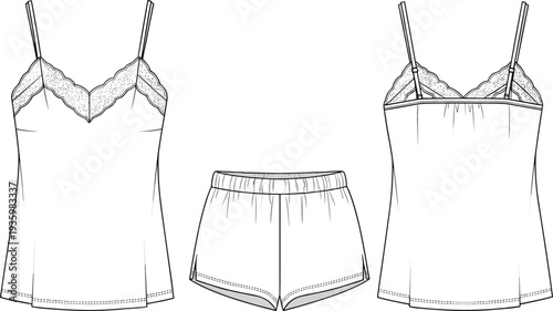 Cowl neck satin mini dress technical flat sketch, spaghetti strap draped cocktail dress, cad drawing flat vector illustration for fashion,