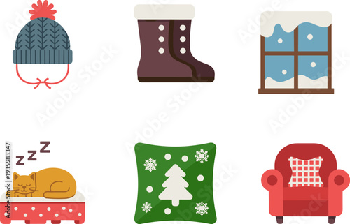Winter home comfort icons set with hat, boots, snowy window, sleeping cat, armchair and pillow cozy flat vector illustration