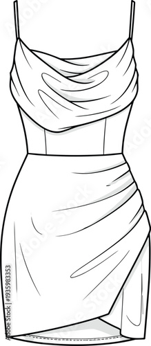 Cowl neck satin mini dress technical flat sketch, spaghetti strap draped cocktail dress, cad drawing flat vector illustration for fashion.