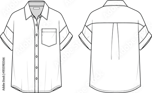 Short sleeve button down shirt technical flat sketch, unisex oversized boxy fit fashion CAD drawing, front and back view template.