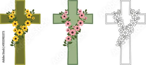 Three variations of a green wooden cross decorated with cascading floral arrangements illustrate Easter or remembrance themes.