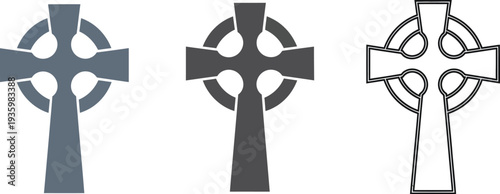 Three distinct styles of Celtic cross symbols are displayed together in vector graphic format for religious design.