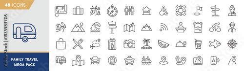 Family Travel Mega Pack – 48 Navigation, Transport, Safety & Services Outline Icons