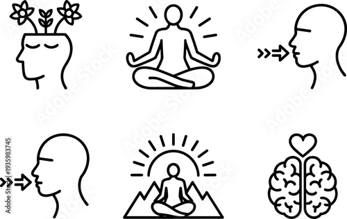 Mindfulness and meditation mental health icons with breathing exercise, brain love, self awareness and calm mind line vector illustration