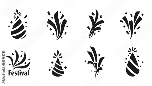 Black silhouette icons depicting festival celebration designs with people and party elements on a white background.