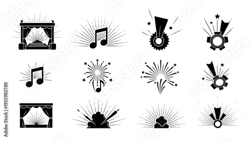 A collection of black silhouette icons depicting music and celebration elements, including notes and explosive designs, arranged on a white background for festival or party design use.