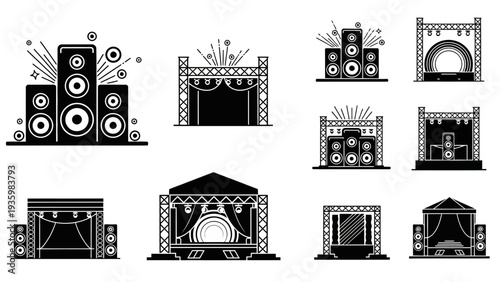 Vector illustration of various black silhouette festival stages with speakers and lights on a white background, ideal for design elements or icons.