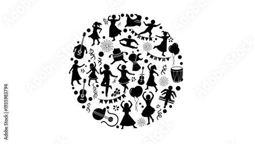Black silhouette illustration of people celebrating a festival or party against a white background with various characters and icons.