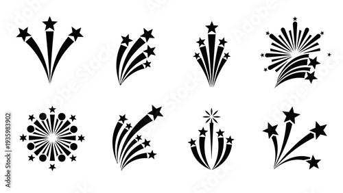 Black silhouette icons of fireworks and starbursts on a white background, for design and celebration themes.