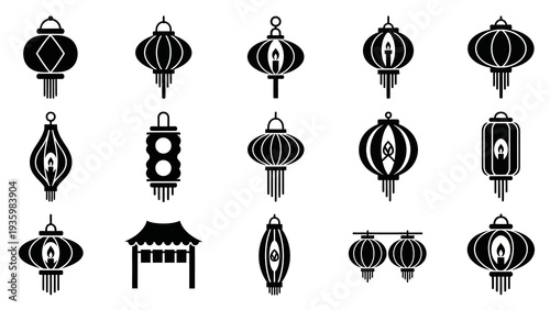 Black silhouette illustration of various festival lanterns and a pagoda on a white background, symbolizing celebration and tradition.