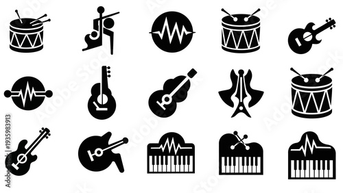 Black silhouette icons of musical instruments and symbols for music festival celebration on a white background.
