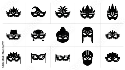 Black silhouette masks for festival celebration and party events, with various designs and characters, on a clean white background, ideal for illustration and design use.