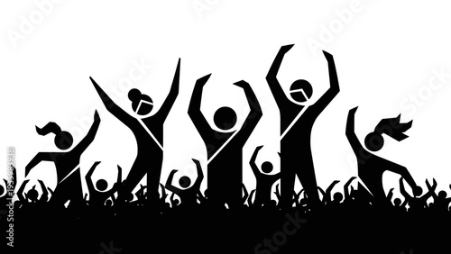 Black silhouette illustration of people celebrating a festival with raised arms, dancing in a crowd, conveying a joyful and energetic mood against a white background.