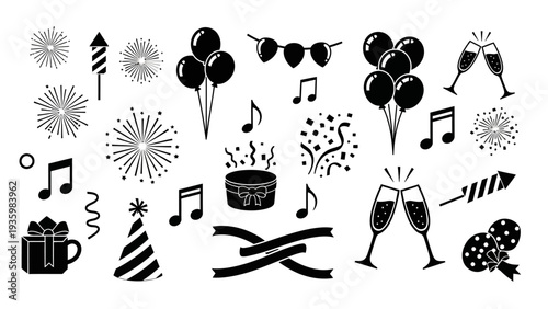 A black silhouette illustration of various festival celebration icons, including fireworks, music notes, and party symbols, against a clean white background.