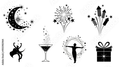 Black silhouette icons for festival and celebration designs featuring people, characters, and symbols on a white background with a party and event theme.