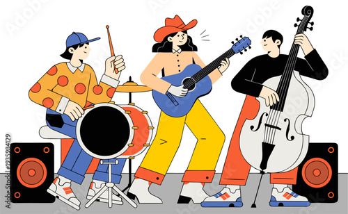 Young musicians performing on stage with drums, guitar and double bass, flat vector illustration.