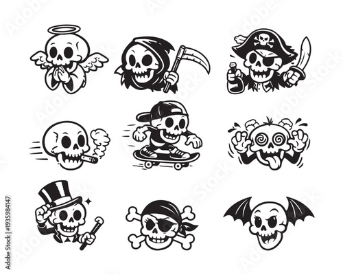 Whimsical Cartoon Skull Characters Collection Diverse Mascots Bundle Vector Illustrations for Design
