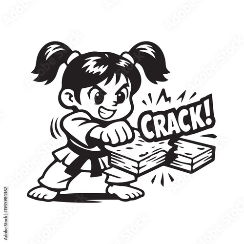 Energetic young karate girl breaks wooden boards with mighty punch cartoon graphic