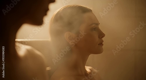 Woman Relaxing in Sauna with Steam Rising.