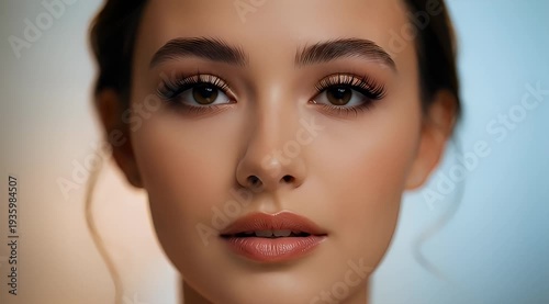 Woman with Professional Makeup and Clean Expression.