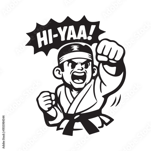 Energetic Karate Fighter Mascot Vector Illustration Black Belt Punching Action Pose