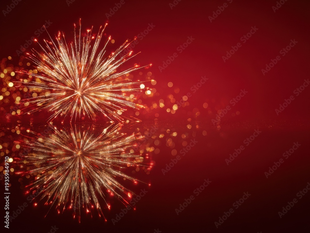 Fototapeta premium gold fireworks reflection on glass isolated on a red background