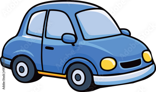 Cute cartoon-style blue compact car illustrated in a simple flat vector design.