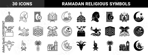 Islamic culture hybrid symbols featuring moon dates and crescent lamp combinations in both outline and solid versions for ramadan and religious observance