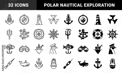 Arctic Maritime Exploration Symbols Featuring Hybrid Nautical Elements Merged With Polar Wildlife Icebergs And Glacial Navigation Equipment