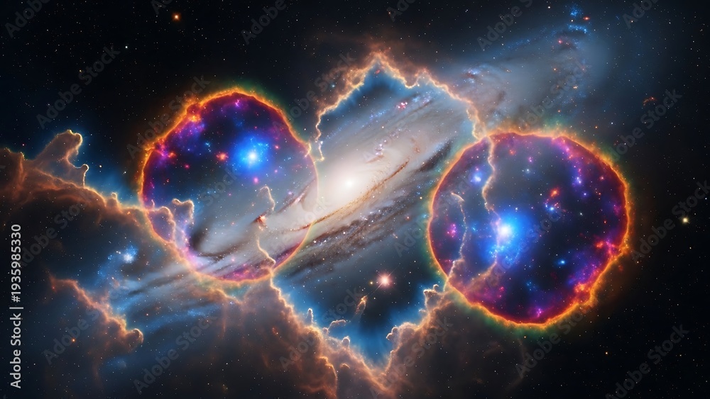 Obraz premium Vibrant Cosmic Nebula with Glowing Orbs & Distant Galaxy in Deep Space