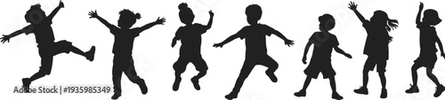 Happy children jumping silhouette set, playful kids celebrating and having fun vector illustration isolated on white background