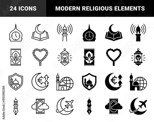 Islamic Religious Hybrid Symbols Combining Mosque Architecture with Modern Elements like Pen Nibs Gears and Currency Symbols in Linear and Solid Styles