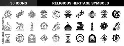 Islamic heritage and modern science hybrid symbols featuring quran dna helix ramadan lantern circuit board and mecca hourglass in dual line solid style