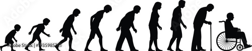 Human life cycle silhouette set, aging process from child to elderly person with cane and wheelchair vector illustration